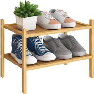BMOSU 2-Tier Bamboo Small Shoe Rack Premium Stackable Shoe Shelf Storage Organizer for Hallway Closet Living Room Entryway Organizer(Natural)