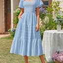 MEROKEETY Women's 2026 Summer Flowy Midi Maxi Dress Short Sleeve Square Neck Smocked Tiered Ruffle Boho Dresses with Pockets (Blue, L)