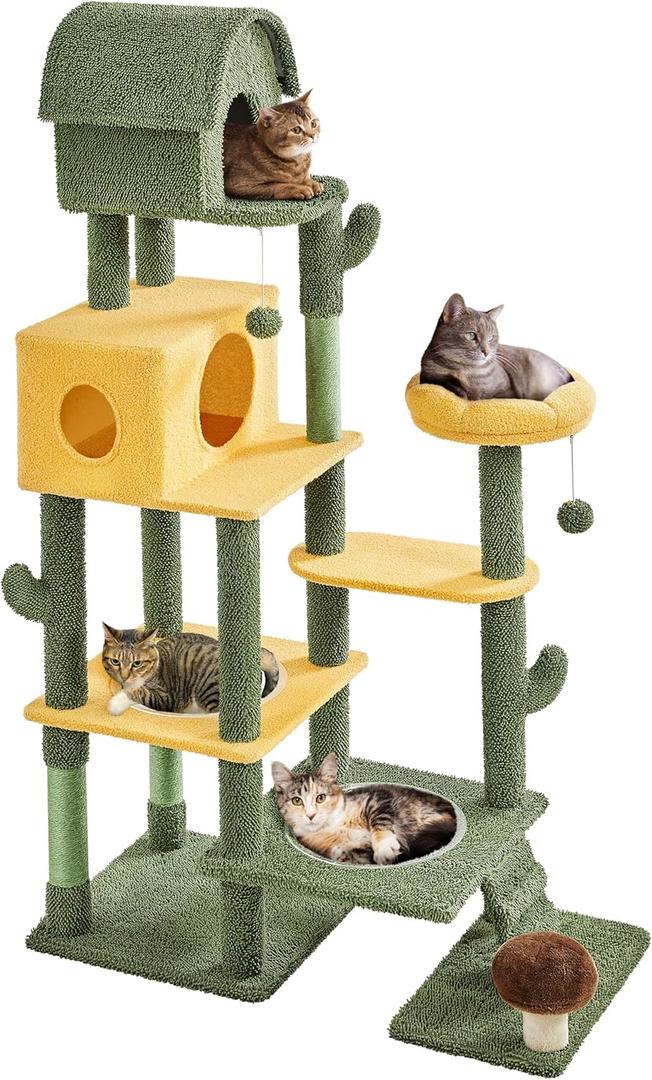 Yaheetech Cactus Cat Tree, Large Cat Tree for Indoor Cats, Multi-Level Cat Tower with 2 Large Condo, Scratching Posts, 2 Acrylic Clear Bowls and Dangling Balls, 68.5in