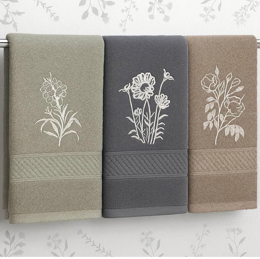 Fanfanwin 3 Pcs Boho Floral Hand Towels Bathroom Decor Retro Embroidered Botanical Towels 100% Cotton Minimalist Floral Decorative for Bathroom Kitchen Vintage Farmhouse Decor, 14'' x 29''