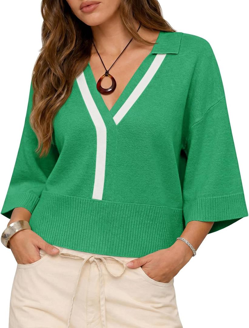 Saodimallsu Womens Short Sleeve Sweater Tops V Neck Collared Oversized Color Block Casual Summer Knit Polo Shirts (L)