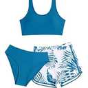 COZYEASE Girls' 3 Piece Swimsuit Tropical Print Bikini Bathing Suit with Shorts Deep Blue 12-13Y