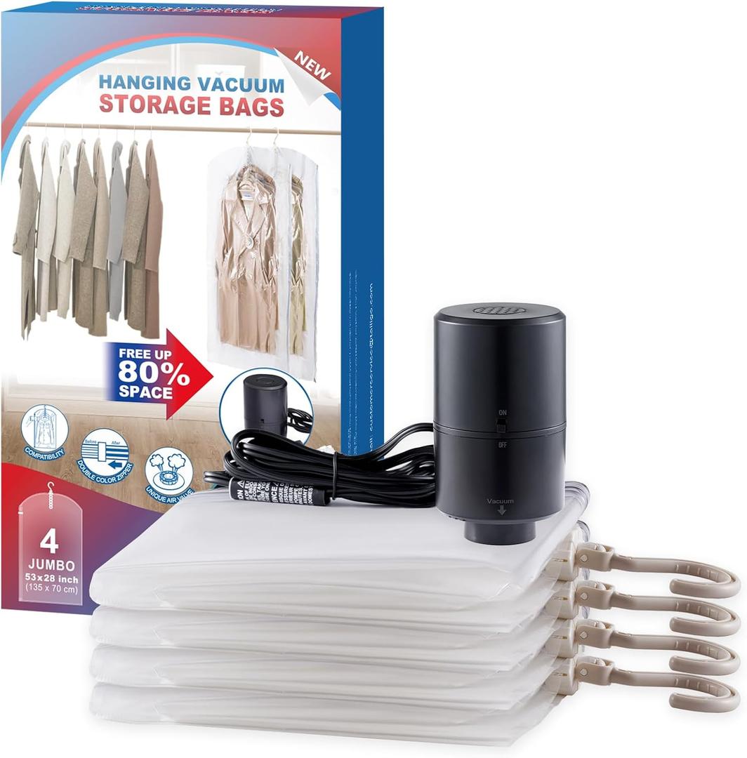 Hanging Vacuum Storage Bags, 4 Pack Hanging Storage Bags for Clothes With Electric Pump, Vacuum Sealed for Suits, Dress, Jackets (4 Long)