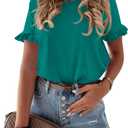 PRETTYGARDEN Women's Short Sleeve Casual T Shirts Summer Ruffle Plain Round Neck Loose Fit Tee Blouse Tops (Green, L)
