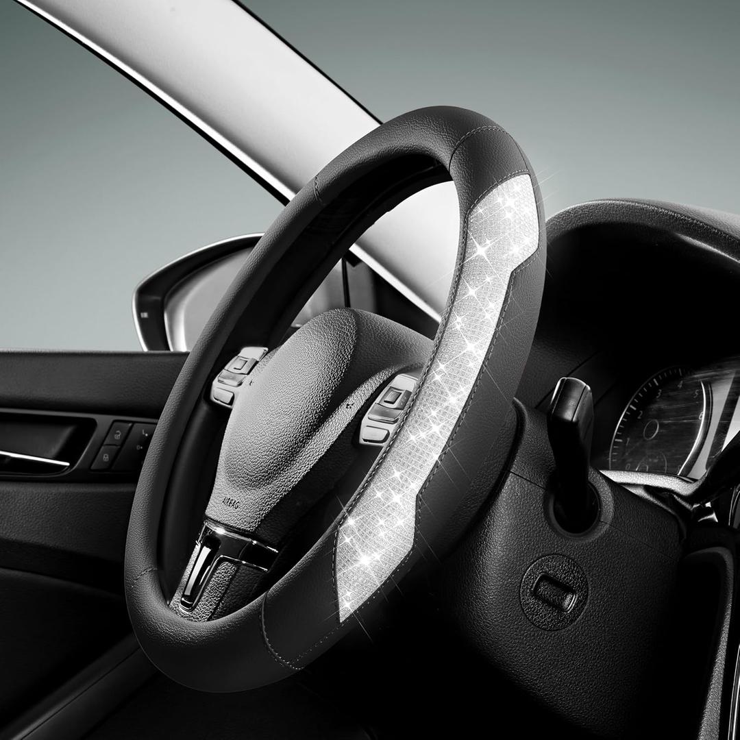 PIC AUTO Steering Wheel Cover, Sparkly Crystal Bling Glitter with Black Leather, Universal Fit 14.5"-15.5" Car Steering Wheels for Girls & Women, Breathable Anti-Slip Steering Wheels Cover