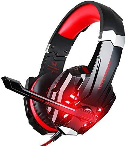 BlueFire Stereo Gaming Headset for PS4, PS5, PC, Xbox One, Noise Cancelling Over Ear Headphones with Mic, LED Light, Bass Surround, Soft Memory Earmuffs for Laptop Nintendo Switch (Black-Red)