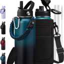 32oz 40oz 64oz Water Bottle - with Straw & Auto Spout Lids, Carrier Bag & Paracord Handle, Stainless Steel Water Bottles 32 OZ Thermal Flask for Sport Work Travel, Cold-48Hrs Hot-24Hrs