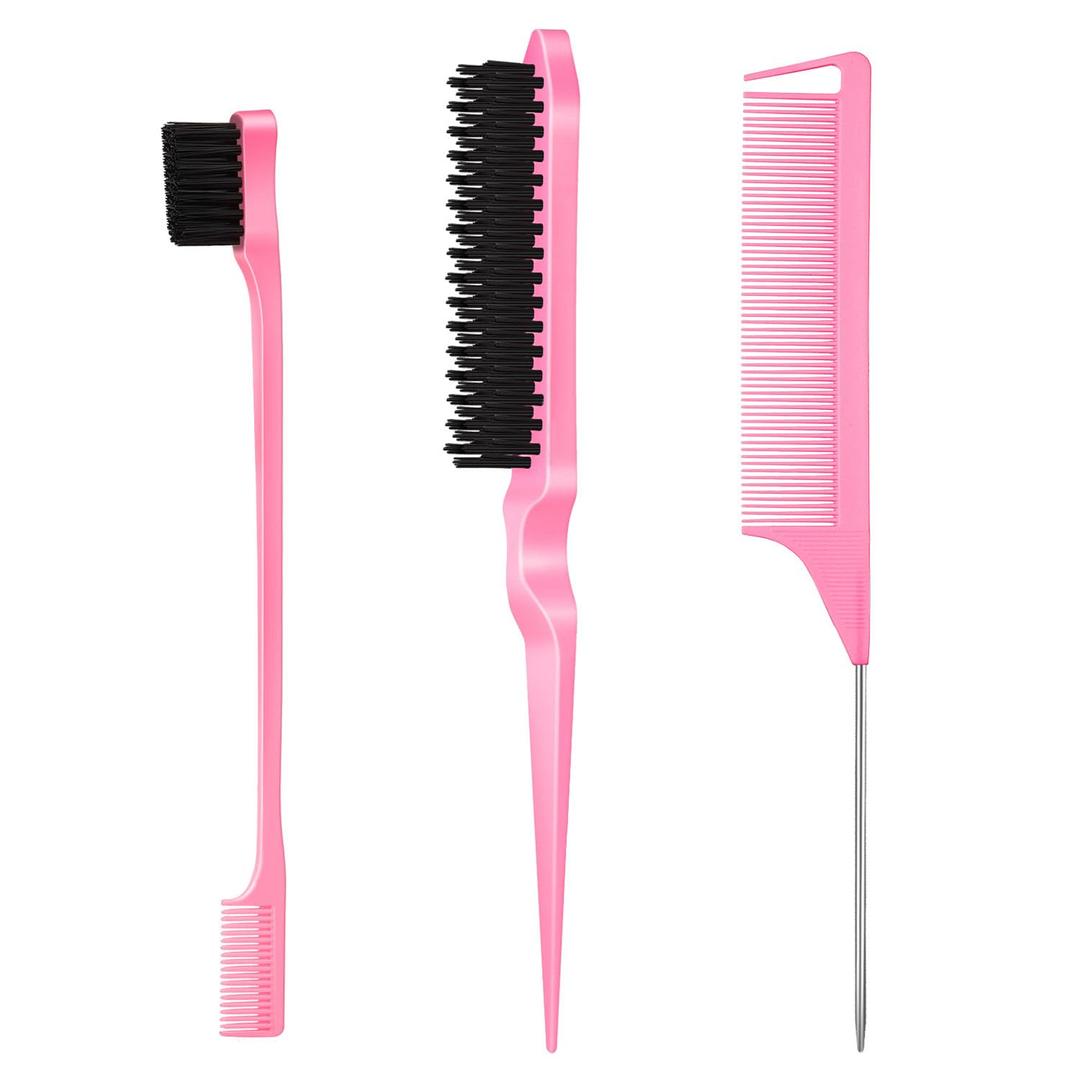 SWEET VIEW 3 Pcs Slick Back Hair Brush, Rat Tail Comb, Edge | Bristle Brush, Hair Accessories for Girls, Kids, Toddlers Sleek Ponytail/Bun, Edge Control and Smoothing Baby Hair & Flyaways (Pink)