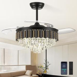 52'' Crystal Fandelier Ceiling Fan with Light, Black