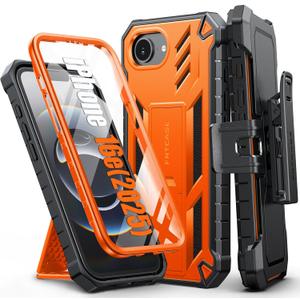 FNTCASE for iPhone 16e 2025 Case: for iPhone 16E for 17E Military Grade Rugged Case with Kickstand & Holster | Shockproof TPU Protection Bumper Matte Textured Design | Heavy Duty Protector (Orange)