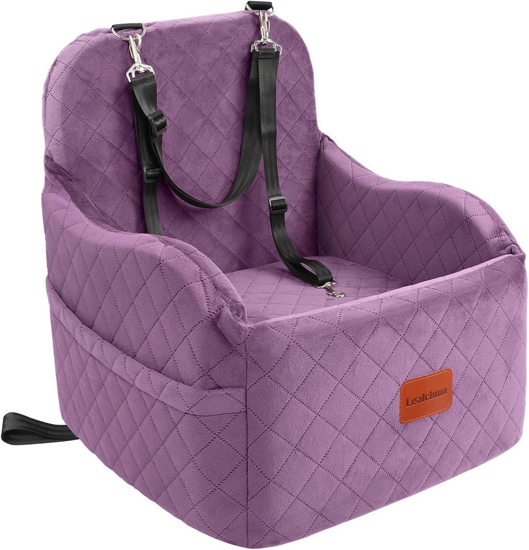 Lealchum Dog Booster Car Seat for Dogs, Puppy Portable Car Bed with Elevated Cushion, Fully Detachable and Washable,2 Storage Pockets, Easy to Install (Purple, Medium)
