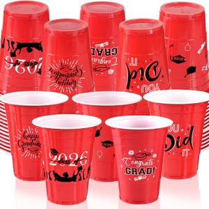 Graduation Decorations 2026 Party Cups - 50pcs 16 Oz Red and Black Disposable Graduation Plastic Cups for School Class of 2026 Grad Celebration Party Favors Supplies (5 Designs)