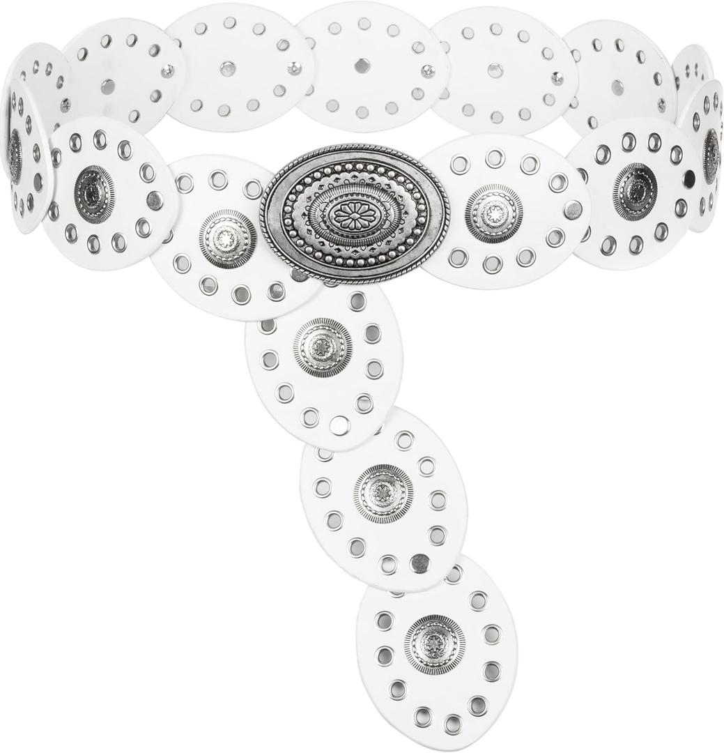 INOGIH Womens Wide Western Cowboy Disc Belt Vintage Cowgirl Concho Leather Belts Boho Style for Jeans Dress Skirt (For Waist 28-38 in, White)