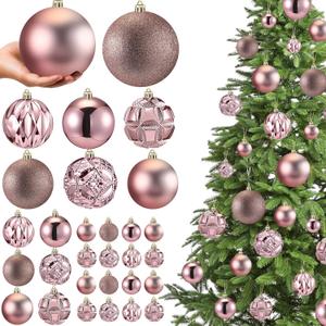 Soulchen 46 Pcs Rose Gold Christmas Balls Ornaments Set, 3.94/3.15/2.36/1.57 Inch Shatterproof Christmas Tree Hanging Plastic Balls Xmas Ornaments Decor for Xmas Tree Wreath Party Decoration Supplie