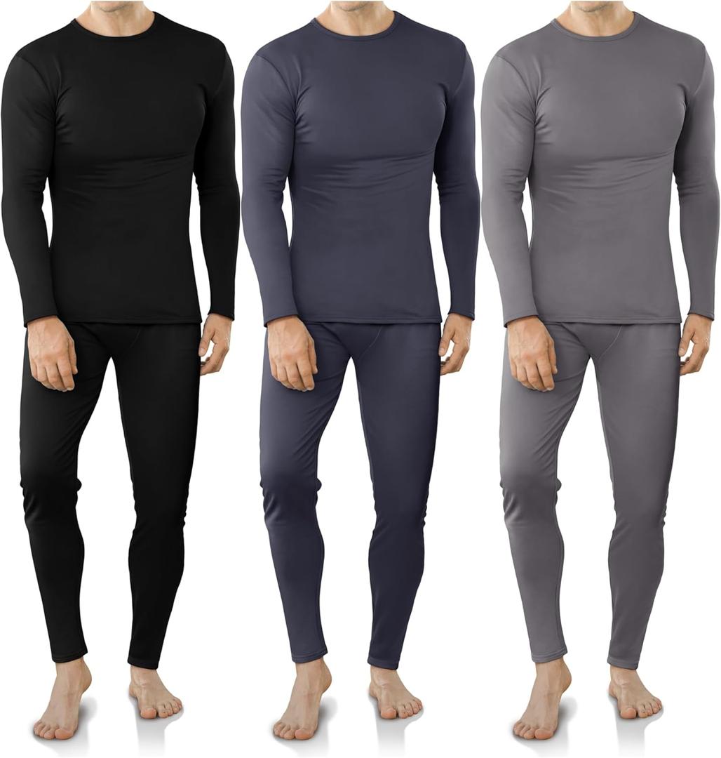 VZV 3 Set Thermal Underwear for Men Fleece Lined Long Johns Mens Thermals Top and Bottom Set Base Layer for Cold Weather (Medium, Black, Charcoal Grey, Grey)