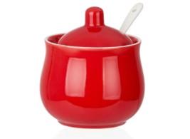 Ceramic Sugar Bowl with Lid and Spoon, Red Porcelain Sugar Salt Pepper Storage Jar, 7 Ounces