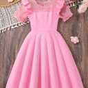 NEW 6-14 Years Girls Dress Mesh Polka Dot Ruffle Sleeve A-Line Party Skater Dress Wedding Guest Graduation Formal (Pink), 13-14Y