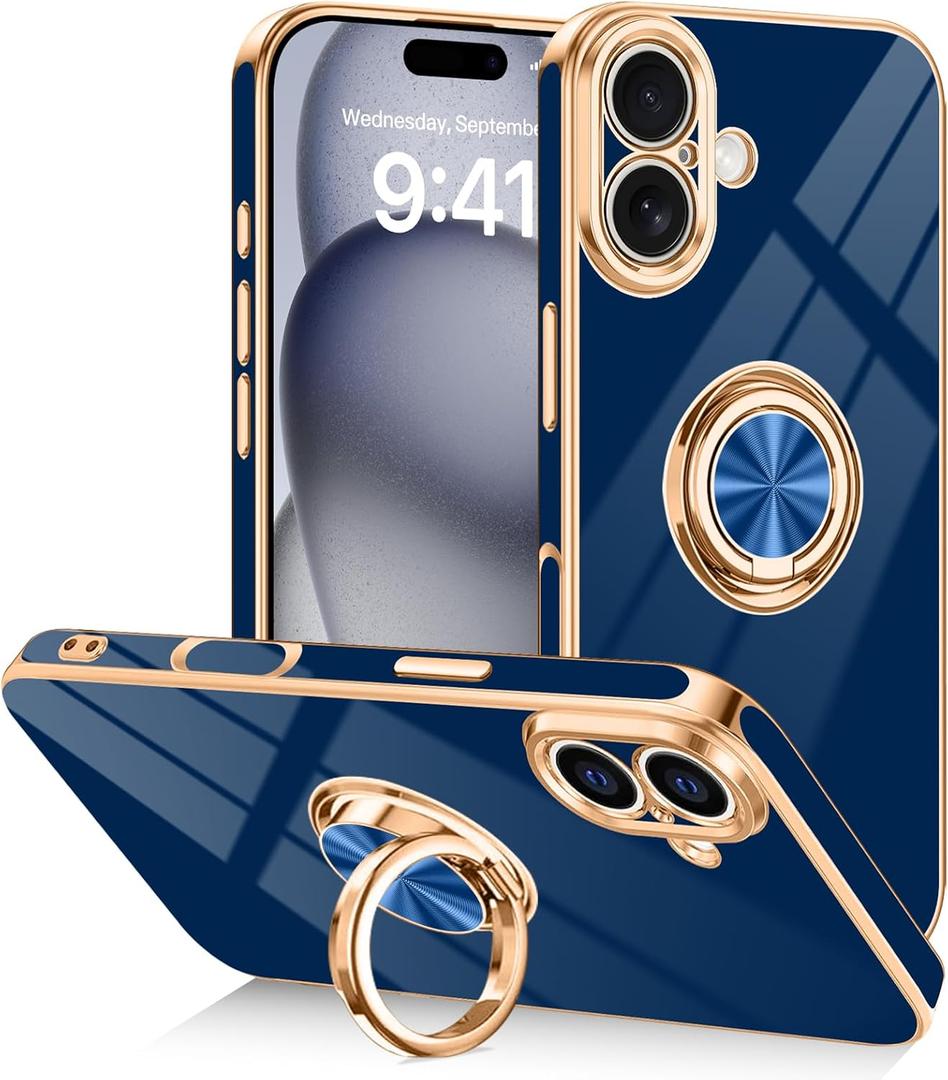 Designed for iPhone 17 Case with Ring Stand, 360 Rotatable Holder Support Magnetic Car Mount Soft TPU Plating with Full-Covered Lens Protection Phone Case for iPhone 17 Blue