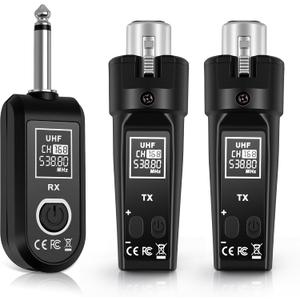 Ease of Use 2.4GHz Professional Wireless XLR Microphone System - 1 Receiver & 2 Transmitters, for Dynamic Mic, Audio Mixer, Electric Guitar & Bass