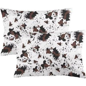 Cow Print Throw Pillow Cover Queen Size Set of 2 Western Cow White Brown Cowhide Printed Lumbar Pillow Case Decorative Soft Standard Pillow Cases with Zipper Cushion Covers for Bed, Sofa, Couch, 20"x30"