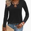 Womens Long Sleeve Shirts Fall 2025 Sexy Tops Ribbed Knit Cut Out Ring Keyhole Neck Casual Tees, XL