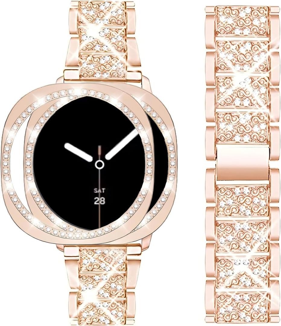 Mosonio Compatible with Samsung Galaxy Watch 8/7/6 Bands 40mm/44mm, 20mm Bling Metal Bands with Bling Protective Cover Case for Women, Shiny Watch Replacement Strap for Daily Wear