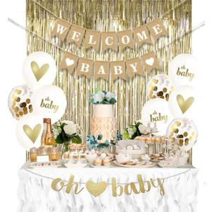 Gold Baby Shower Decorations Set for Girl or Boy Kit, Rustic Welcome Baby Banner in Burlap, 2 Gold Metallic Curtains, Balloons and Table Banner