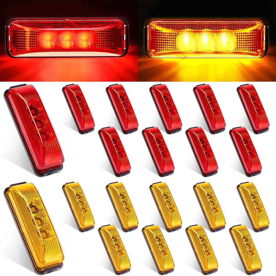 Yahenda 20 Pieces 3.9 Inch 3 LED Trailer Marker Lights Trailer LED Waterproof Side Marker Light Rectangle Signal Running Lights for Truck Boat Rv Exterior Accessories(Amber, Red)