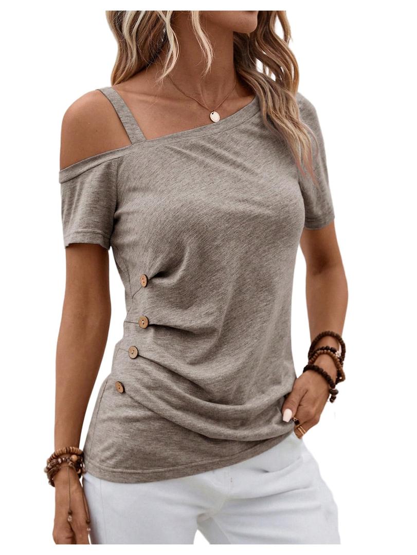 SOLY HUX Women's Cold Shoulder Short Sleeve T Shirt Asymmetric Neck Ruched Button Tee Summer Casual Tops Plain Mocha Brown Large (Brown)