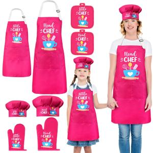 Geyoga 8 Pcs Adults Kids Matching Kitchen Set Mommy and Me Adjustable Kitchen Apron Chef Hat Oven Mitts Pot Holder Parent and Child Matching Party Gift Favors for Winter Cooking Baking Painting