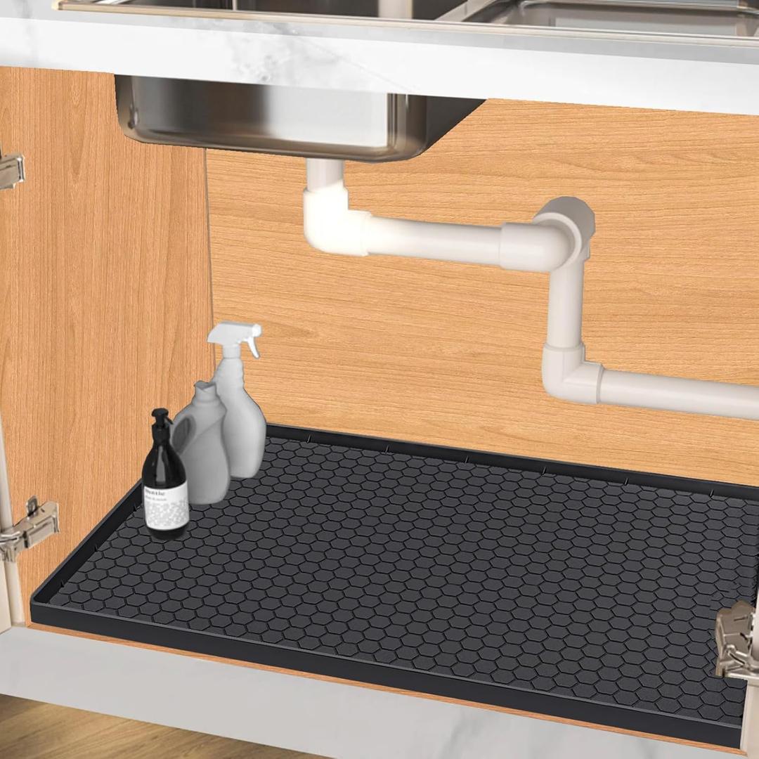 Under Sink Mat 28 x 22 for Kitchen Waterproof, Silicone Under Kitchen Bathroom Protector Sink Liner Mat, Easy to Clean Cabinet Mat Organizers and Storage, Black