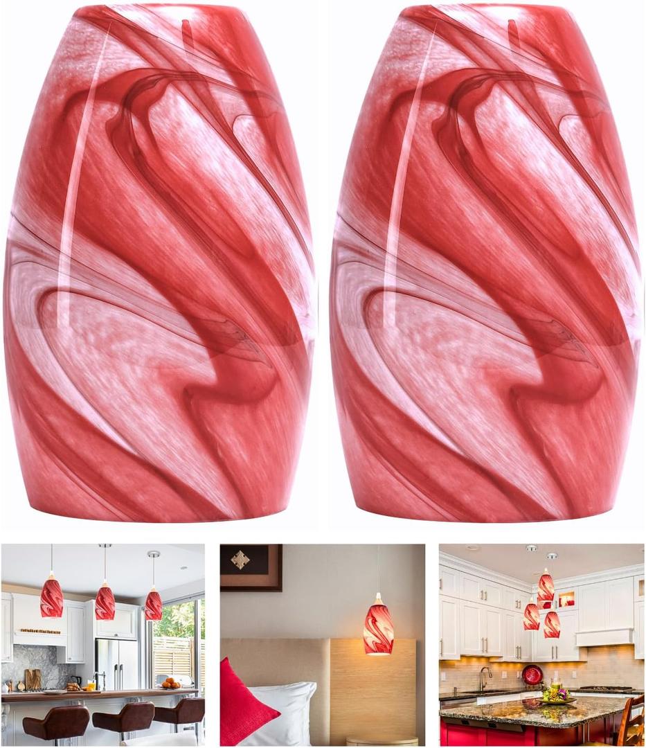 GO&SO 2-Pack Burgundy White Swirl Glass Pendant Lights Kitchen Island - Hand-Blown Vortex Texture Pendant Lamp Fixtures, E26 Base, 7.8"H Oval Art Fixtures, 1.57" Fitter,Mini Chandelier Replacement Set
