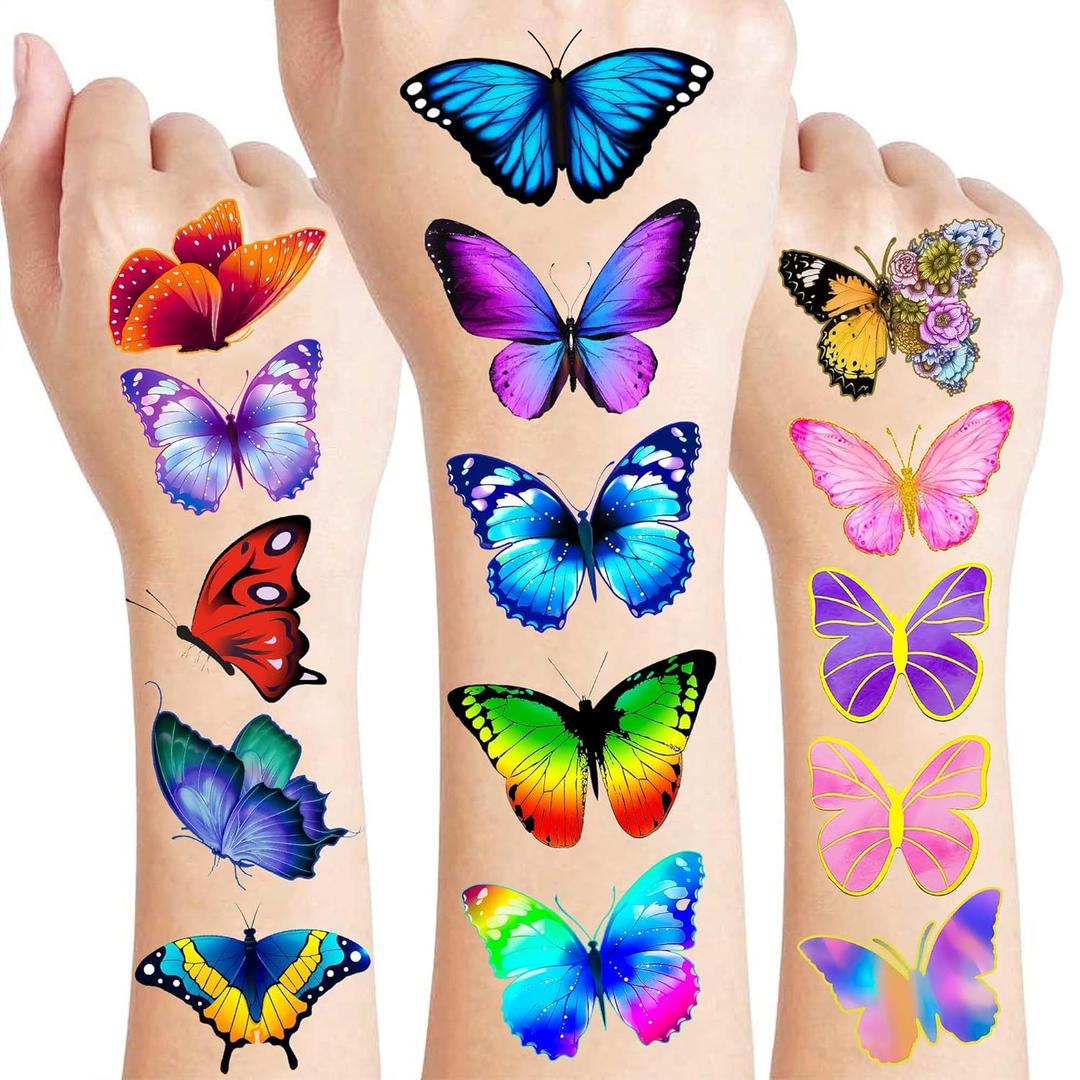 8 Sheets (96PCS) Butterfly Temporary Tattoos Butterflies Theme Birthday Party Decorations Supplies Favors Stickers for Women Kids Gifts Classroom School Prizes Rewards