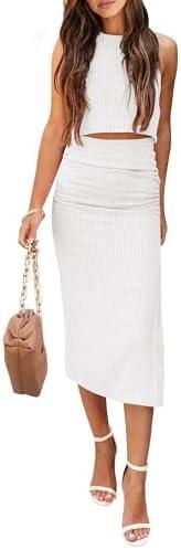 PRETTYGARDEN Women's 2 Piece Summer Outfits Crewneck Tank Tops Split Bodycon Midi Skirt Set, S