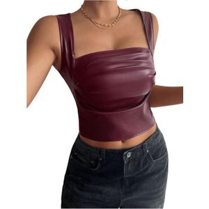 SOLY HUX Women's PU Leather Square Neck Tank Tops Sleeveless Slim Fitted Party Club Crop Top (Large)