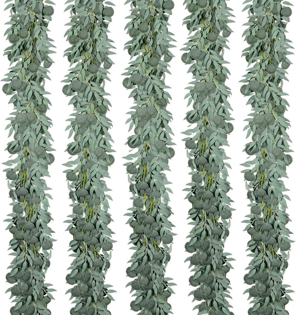 Kisflower 5 Pack 6.56FT Green Eucalyptus Garland for Decoration Table with Willow Leaves Greenery Garland Fake Hanging Plants Vines for Wedding Arch Decor Party Room Home Garden Office Wall Decor