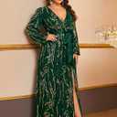 Women's Plus Sized Long-Sleeved Sequined Dress V-Neck Design high Slit Oversized Skirt Formal Ball Gown Party Evening Dress (Green, XXXL)