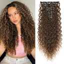 LONAI Black Hair Extension,9PCS 22" Curly Clip in Hair Extensions LN002 Long Soft Thick Synthetic Hairpieces for Women-Dark Brown to Caramel Brown