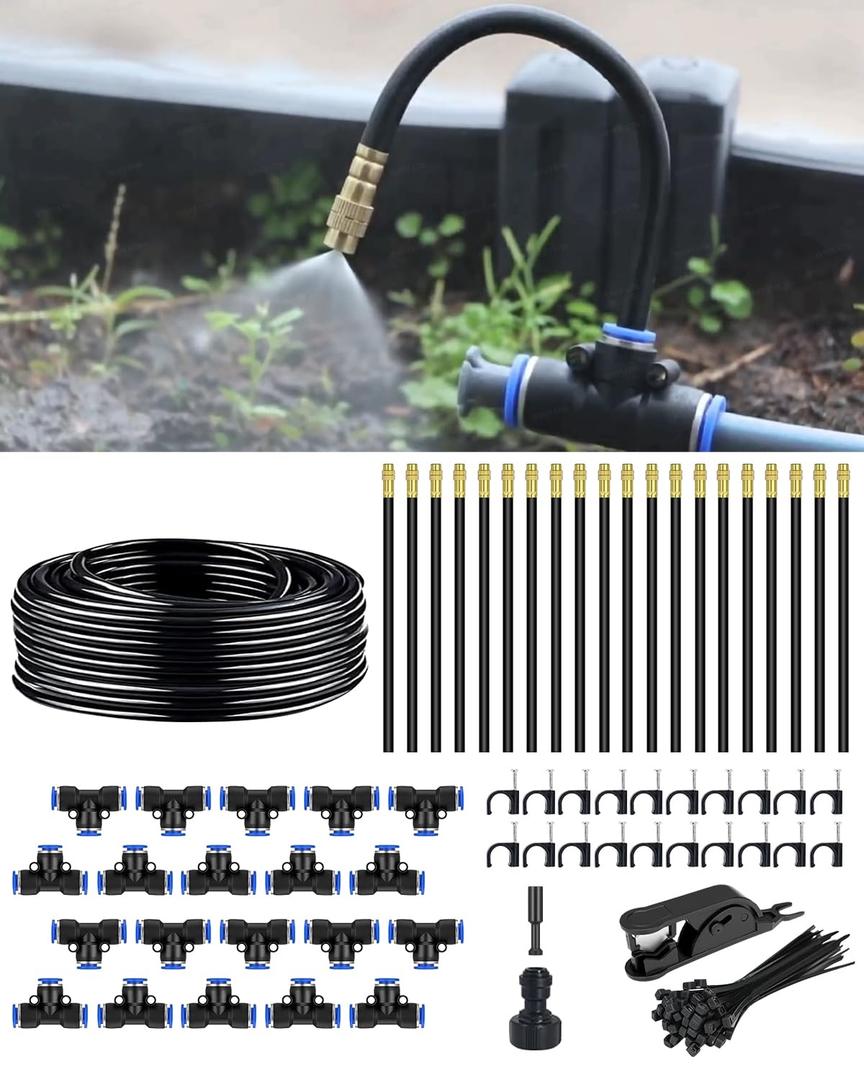 Drip Irrigation System for Watering Garden: 65FT 360 Hydroponic Misting Device Kit with Quick Connector Hose Barbed Accessories for Potted Plants Outdoor Indoor Greenhouse Raised Beds (70FT)
