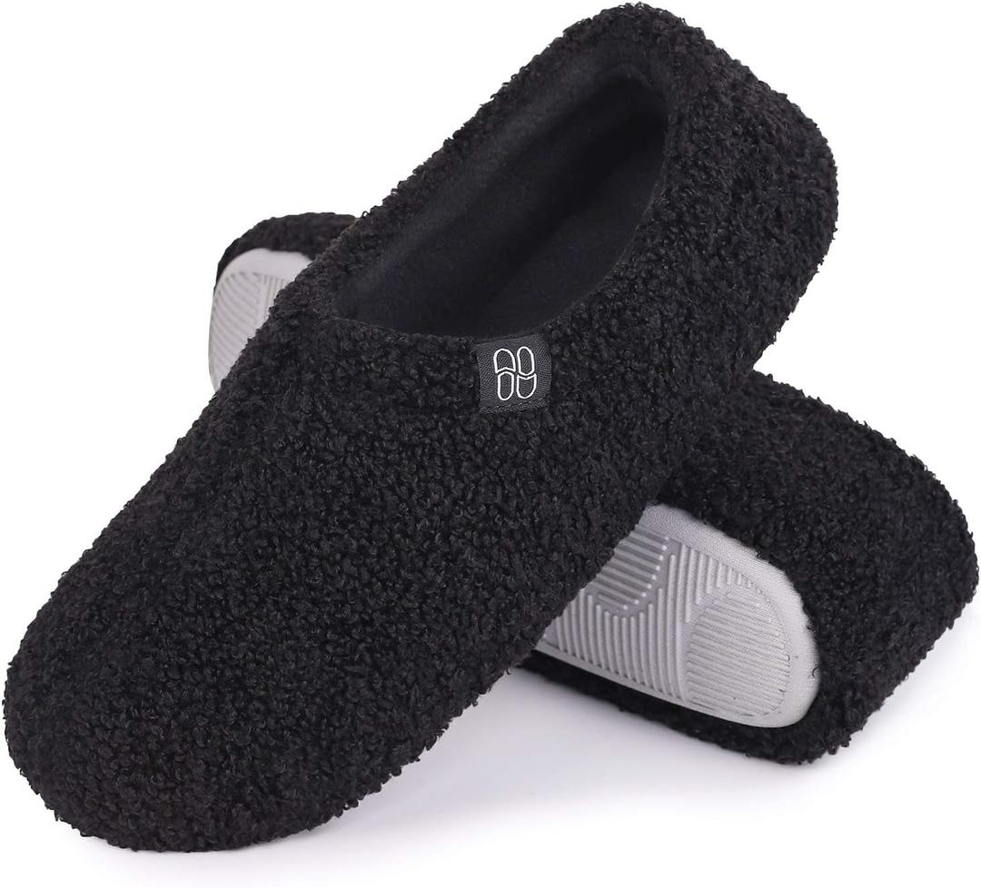 HomeTop Women's Fuzzy Curly Fur Memory Foam Loafer Slippers with Polar Fleece Lining (7-8, Black)