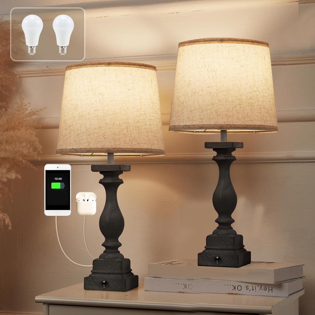 Upgraded Touch Lamps for Bedroom Set of 2,Bed-Side Table Lamps with 2 USB Ports, Bedroom Lamps with 3- Way Dimmable,23" Tall Table Lamps for Living Room/Night-Stand, Bonus 2 Bulbs (Black-2 packs)