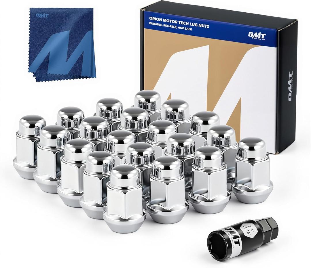 Orion Motor Tech 1/2"-20 Lug Nuts with Cone Seat, 3/4" 19mm Hex 1.38x0.87 in. Chrome Plated Wheel Lug Nuts Compatible with Ford Mustang Explorer F-150 Dodge Ram 1500 Jeep Wrangler, Set of 20 (Silver)