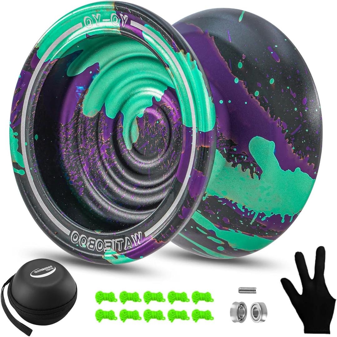 WATIEOBOO Unresponsive Metal Yoyo Professional, Replacement Responsive Ball Bearing Yoyo for Kids Beginners, Professional Trick Yo yo for Adults with Bag, Glove and 10 Yoyo Strings - Black Green Purple