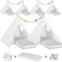 6 Pack Teepee Tent for Kids Sleepover Party Indoor, Gift Set with Inflatable Airbeds with Star Lights & Colored Flags, Washable & Foldable Toddler Slumber Party Tent for Girls & Boys, White, 6 Pack and Airbed