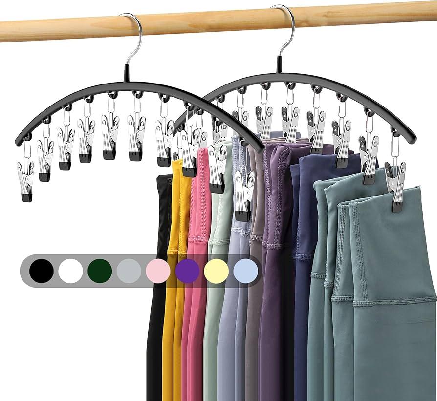 HOUSE DAY Legging Organizer for Closet, Metal Yoga Pants Hanger 2 Pack w/10 Clips Holds 20 Leggings, Space Saving Hanger Closet Organizers and Storage, Clips Hanger for Pants, Skirts, Hats, Black