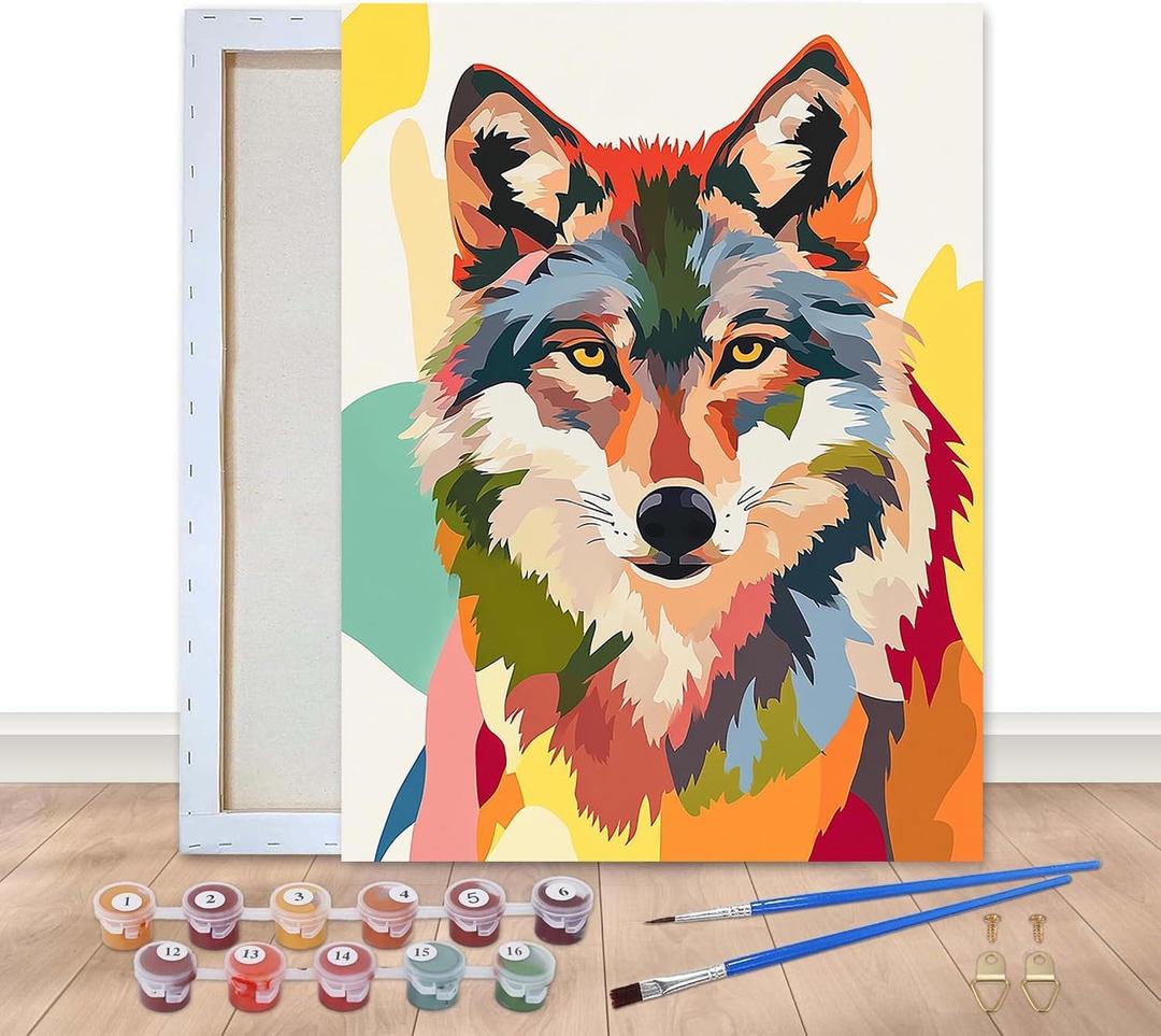 Bimkole Framed Paint by Numbers Kit for Adults Colorful Wolf, DIY Oil Painting on Canvas with Frame, Animals Paint by Numbers Set for Home Wall Decor 8x12 Inch/20x30 cm