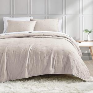 BOURINA Embroidery Quilt Set 3-Piece Oversized King Quilt Set Pre-Washed Microfiber Ultra Soft Lightweight Star Embroidery Bedspread Coverlet Set, Beige