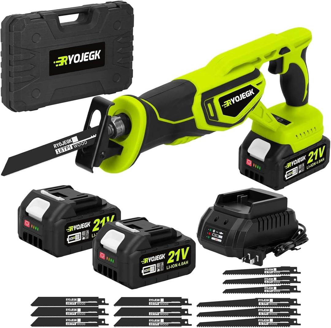 21V Reciprocating Saw, Brushless 27mm with 2 x 4.0Ah Battery & 12 Blades, 3500 SPM Power, Tool-Free Blade Change for Wood & Metal