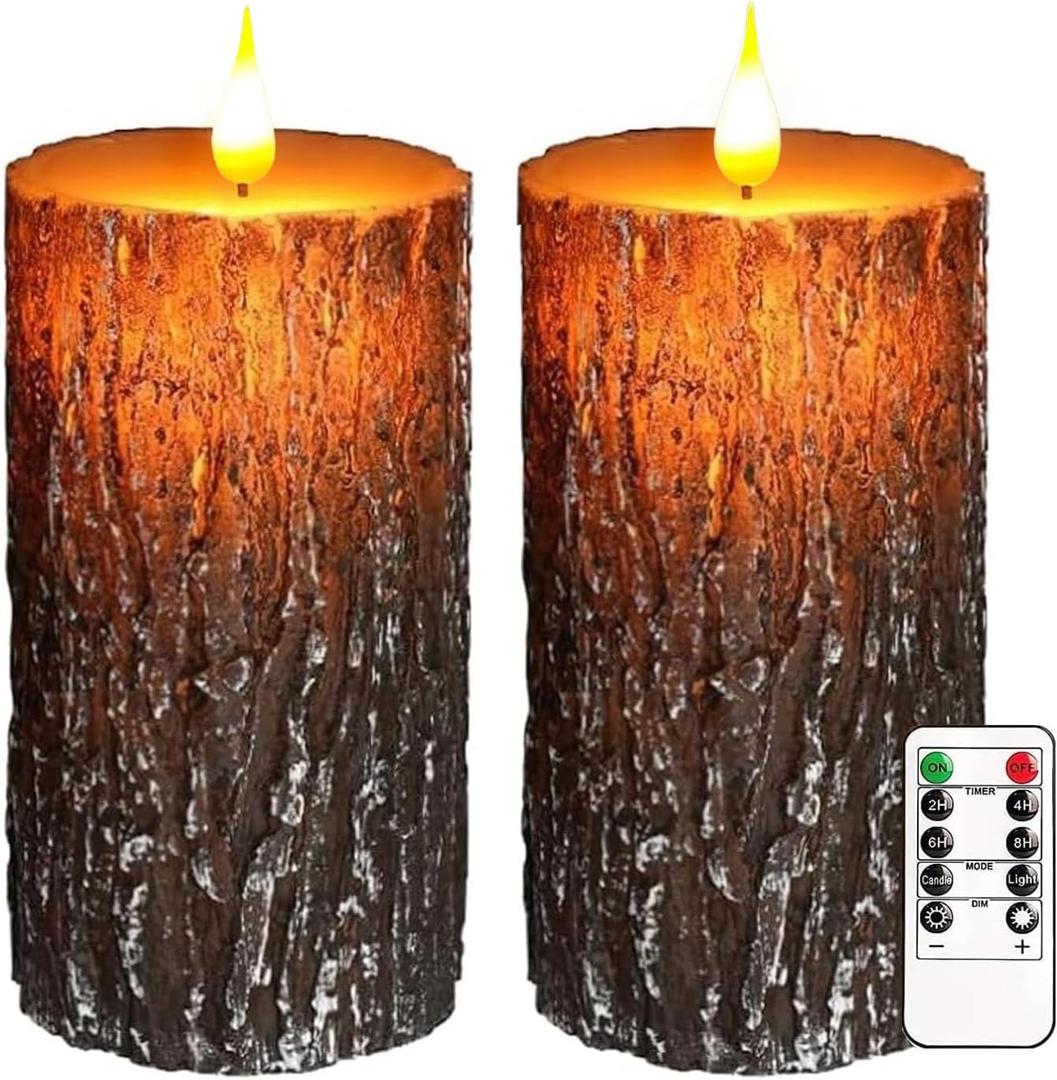 VEEKI Flameless Candles Lights, Set of 2 6"x3" Pine Bark Flickering LED Candles with Remote & Timer, Dimmable Pillar Candles Battery Operated, Real Wax Electric Candle for Christmas Winter Home Decor