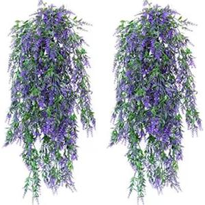 4 Packs Fake Hanging Lavender Plants Artificial Hanging Faux UV Resistant Lavender Flowers Fake Lavender Plants Hanging Indoor Outside Hanging Decorations,(Purple)